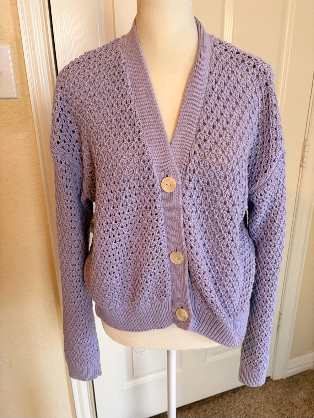 Madewell Lavender Open-Knit Button Cardigan - Picture 1 of 5